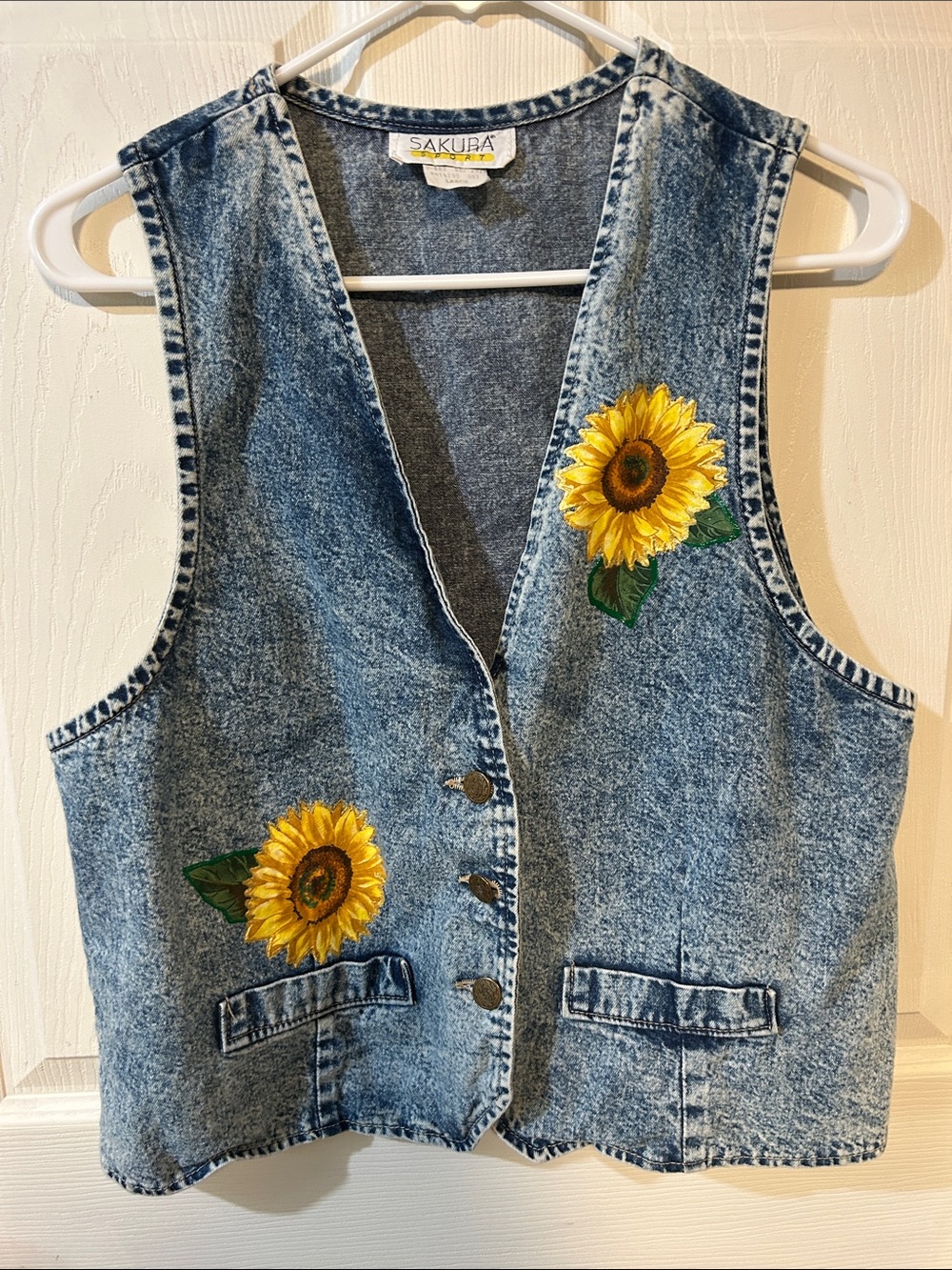 Sakura Blue Acid-Wash Denim Vest with Yellow Sunflower Patch